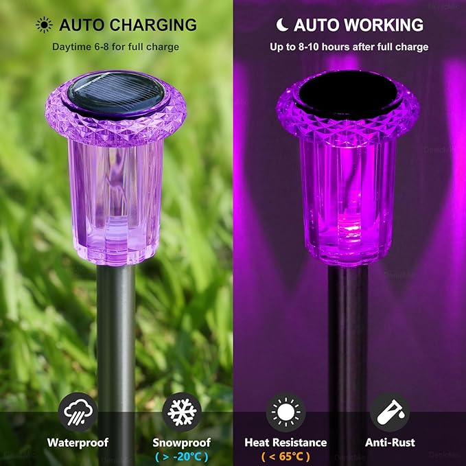 DenicMic Solar Lights Outdoor 10 Pack Waterproof Purple LED Stainless Steel Stake Outside Lights for Yard Pathway Garden Driveway Walkway Landscape Path Lighting