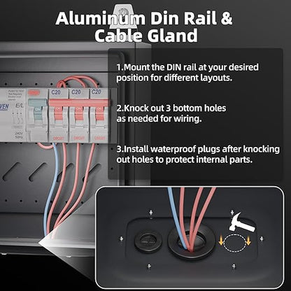 Joinfworld Outdoor Electrical Box 9.8" x 9.8" x 5.9" Weatherproof Electrical Junction Enclosure with Lock Din Rail Cable Gland
