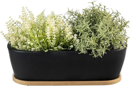 MyGift 14 Inch Oval Modern Matte Black Ceramic Succulent Planter Pot with Drainage Hole and Removable Bamboo Saucer, Decorative Indoor House Plant Container for Flowers, Cactus, Herbs