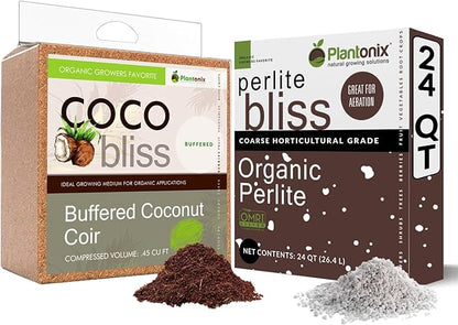 Buffered Coco Bliss (10lbs) + Perlite Bliss (24 Qts) - Buffered Coco Coir Brick & Organic Perlite for Plants - Coco Coir Perlite Mix - Organic Coco Coir for Plants - Coconut Coir Bulk Potting Soil Mix