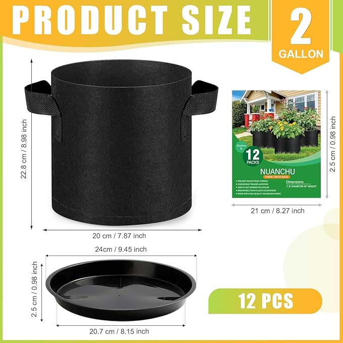 12 Sets 2 Gallon Grow Bags with Plant Saucers, Durable Fabric Plant Pots with Handles, Aeration Drainage Planter Bags for Planter, Reusable Garden Bags Drip Trays Set for Indoor Outdoor