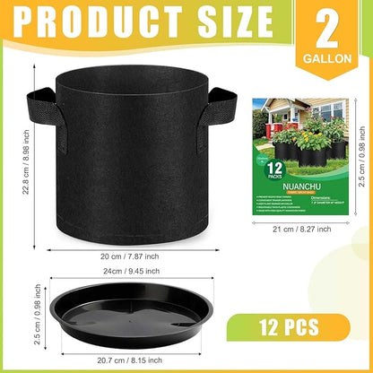 12 Sets 2 Gallon Grow Bags with Plant Saucers, Durable Fabric Plant Pots with Handles, Aeration Drainage Planter Bags for Planter, Reusable Garden Bags Drip Trays Set for Indoor Outdoor