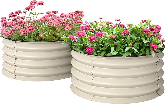 Outsunny Galvanized Raised Garden Bed Set of 2, Planters for Outdoor Plants with Safety Edging, Easy-to-Assemble Stock Tanks for Growing Flowers, Herbs and Vegetables, 2' x 2' x 1', Cream White