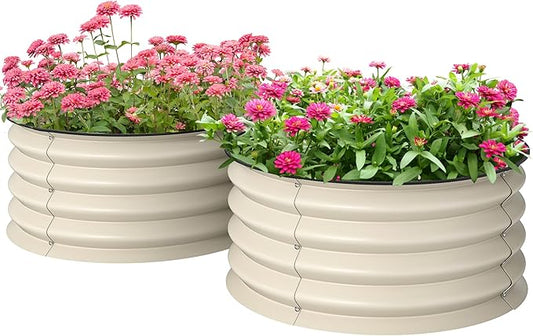 Outsunny Galvanized Raised Garden Bed Set of 2, Planters for Outdoor Plants with Safety Edging, Easy-to-Assemble Stock Tanks for Growing Flowers, Herbs and Vegetables, 2' x 2' x 1', Cream White