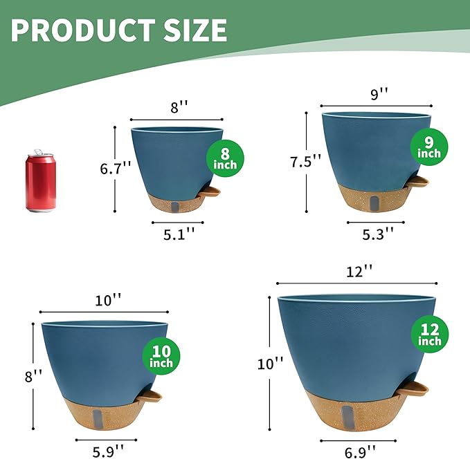 MNKXL 12"/10"/9"/8" Self Watering Pots with Visual Water Window,Extra Large Self Watering Plant Pots with Drainage Holes & Saucers,Blue Planters for Indoor Plants,4-Pack