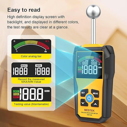 MESTEK Wood Moisture Meter for Non-Destructive Moisture Detection in Drywall, Wood, and Masonry, Moisture Tester with Backlit Color LCD Display & Alarm Function, Detects up to 20-40mm Below Surface