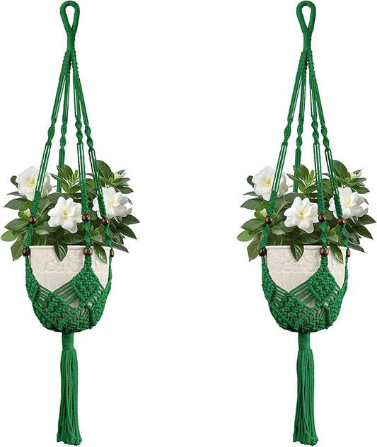 USLAI Macrame Plant Hanger Indoor Outdoor, Fits 3 to 6.5 inch Pots, Hanging Planter Holder with Beads and Tassels, Boho Home Decor, 35+35 Inch, Green (POTS NOT Included)