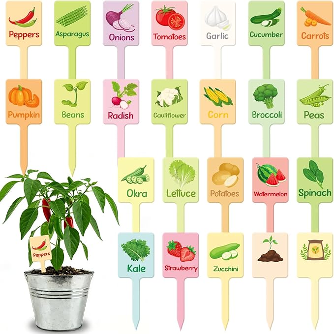 UPINS 24Pcs Acrylic Vegetable Labels Signs for Outside Garden Waterproof Plant Labels Markers Tags Signs with Printed Name for Indoor Outdoor Gardens Plants Potted