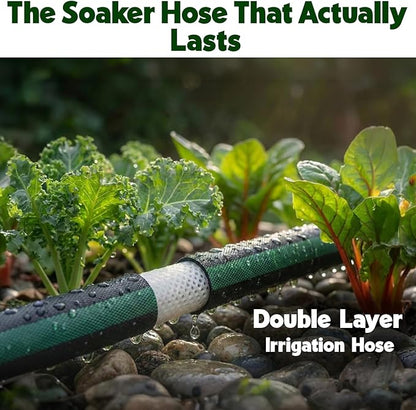 Flat Soaker Hose 150ft (75ft 2-Pack) for Garden // Drip Hose for Garden Beds, Lawns and Trees // Heavy Duty Leakproof Design with Quick Connect // Linkable Irrigation System for Vegetables and Flowers