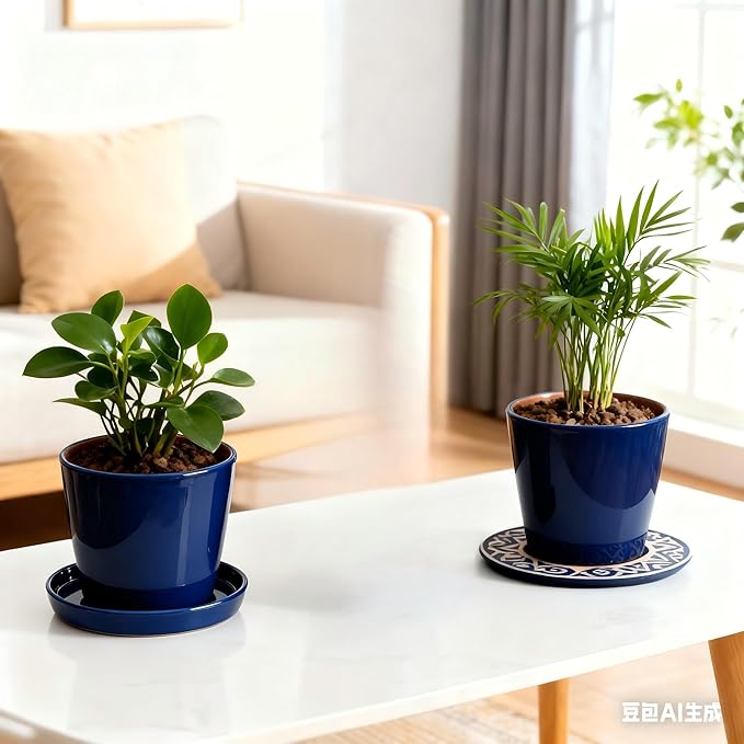 Ceramic Plant Saucer Pot Tray 6, 8, 10 Inch Blue, Planter Saucers for Indoors Outdoor, Durable Sturdy Flower Drainage drip Water Tray for Glazed Pots Base