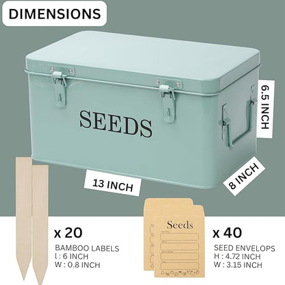 Large Modern Green Rectangular Metal Seed Storage Box with 4 Compartments and 40 Envelopes and 20 Bamboo Plant Labels