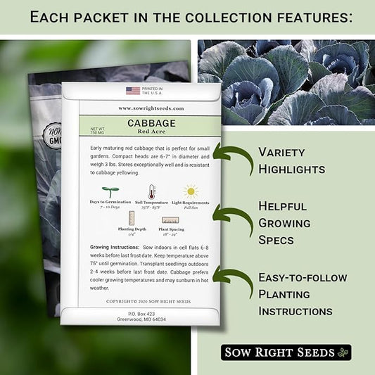 Sow Right Seeds - Cabbage Seed Collection for Planting - Savoy, Jersey Wakefield, Red Acre, Golden Acre, Copenhagen, Round Dutch - Non-GMO Heirloom Varieties to Plant and Grow a Home Vegetable Garden