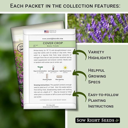 Sow Right Seeds - Cover Crop Collection for Planting - Annual Buckwheat, Hairy Vetch and Radish Daikon Driller Seed - Suppresses Weeds, Improves Soil - Non-GMO Heirloom Packet to Grow - Great Gift