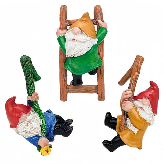 Set 3 Climbing Garden Gnomes Statue Tree Faces Decor Outdoor Yard Flower Pot Landscape Dwarf Tiny Elf Fairy Garden Micro Funny Patio Hanging Resin Figurine Accessories Clearance Deals Fence Ornaments