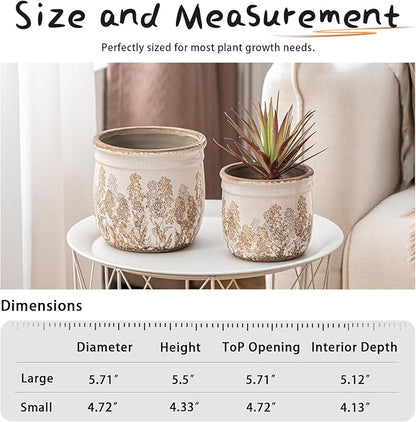 Set of 2 Ceramic Planters for Indoor Plants, 4.7+5.7 Inch Vintage Flower Pots without Drainage Hole, Rustic Brown Planter Set, Decorative Plant Pots for Indoor Plants, Home Decor, Living Room, Office