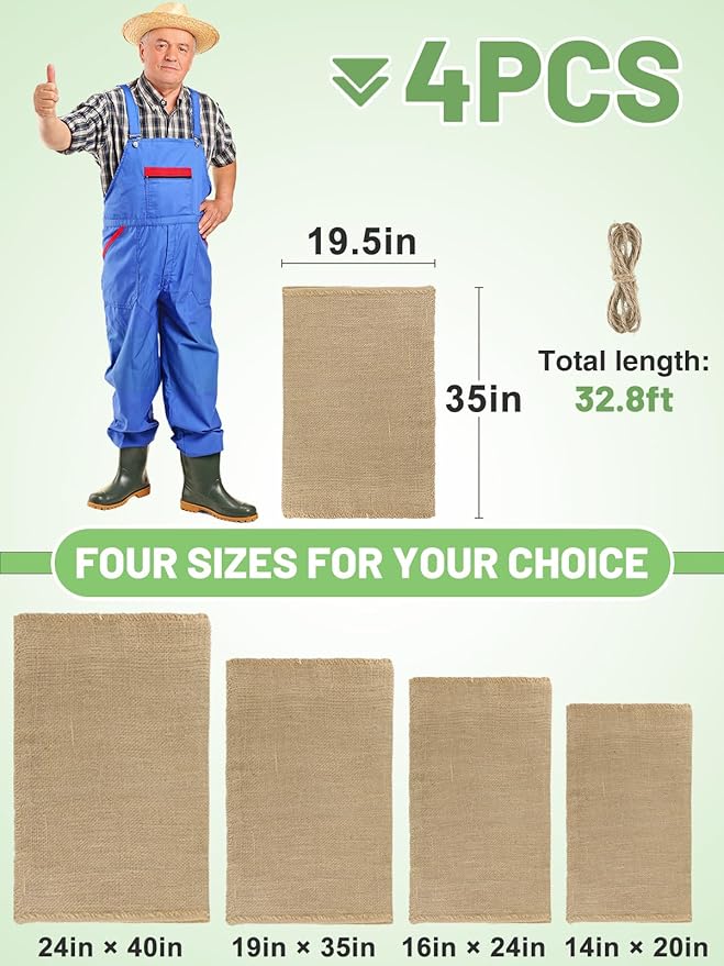 ANPHSIN 4Pcs Breathable Natural Burlap Bags - 19.5"x35" Reusable Thicken Jute Potato Onion Food Storage Sacks with Rope