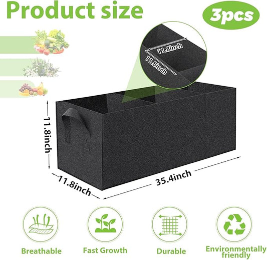 3 Pack Fabric Raised Garden Bed, 22 Gallon 3x1x1 FT Garden Growing Bags with Handle, 3 Grids Breathable Garden Grow Bed Bag Grow Planter Bags Plant Bed for Planting Vegetables, Flowers and Herbs