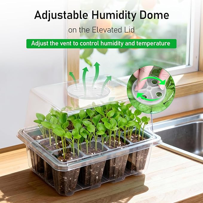 MIXC Seed Starter Tray with Elevated Lid, 120 Cells Seed Starter Kit with Adjustable Humidity Dome, Drainage Hole, Clear Heightened Lids for Indoor Outdoor Greenhouse Gardens, 10 Pack, Transparent