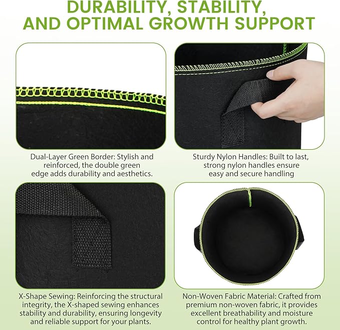 Grow Bags 10Pcs Heavy Duty 300G Fabric Pots for Plants,Thickened Nonwoven Garden Bags to Grow Vegetables,Large Nursery Pots,Tomato Grow Bags with Handles, Green Line Border (10 Gallons)