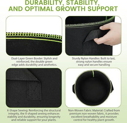 Grow Bags 10Pcs Heavy Duty 300G Fabric Pots for Plants,Thickened Nonwoven Garden Bags to Grow Vegetables,Large Nursery Pots,Tomato Grow Bags with Handles, Green Line Border (10 Gallons)