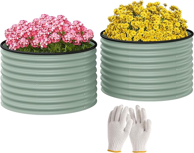 Outsunny Galvanized Raised Garden Bed Set of 2, Planters for Outdoor Plants with Safety Edging, Easy-to-Assemble Stock Tanks for Growing Flowers, Herbs and Vegetables, 3' x 3' x 2', Light Green