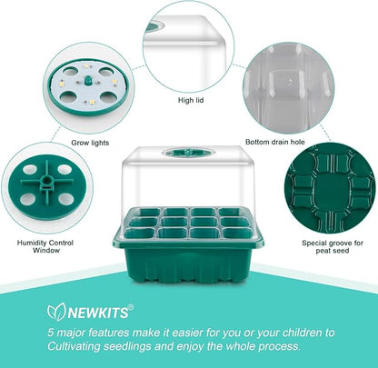 Seed Starter Tray with Grow Light, Seed Starter Kit, Plant Germination Starting Trays with Humidity Dome and Base for Greenhouse Grow Wheatgrass Hydroponic(12 Cells per Tray)