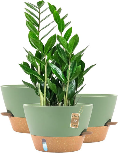 12-Inch Self Watering Planters with Drainage Holes, Large Flower Pots for Indoor Outdoor Plants, Garden Pots Green 3 Pack