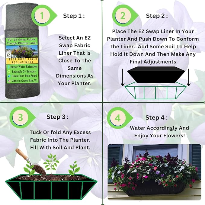 EZ Swap 30 Inch Fabric Trough Coco Liner Replacement for Window Basket Flower Planter - 30" Coconut Coco Fiber Alternative for Hayrack Planters. Use 3+ Seasons - Made in The USA! (2-Pack)