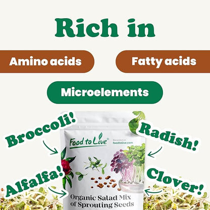 Food to Live Organic Salad Mix of Sprouting Seeds, 10 Pounds — Non-GMO Broccoli, Radish, Clover, Alfalfa. Rich Germination Rate, Non-Irradiated, Kosher, Vegan Superfood, Bulk, Rich in Sulforaphane