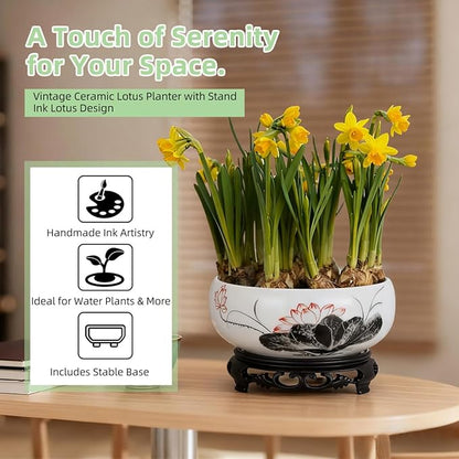 Veemoon Ceramic Lotus Planter Round Chinese Hydroponic Flower Pot Classic Water Lily Pot with Stand - Ink Style Lotus Pattern - Vintage Planter Container for Table Centerpiece Indoor Outdoor (6.68" W)