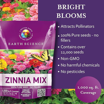 Earth Science Zinnia Seeds - 4oz – Premium Easy-to-Grow, Hearty, Bright and Vibrant Flower Blooms to Enhance Visual Aesthetics of Home & Garden, and Attract Pollinators - Non GMO