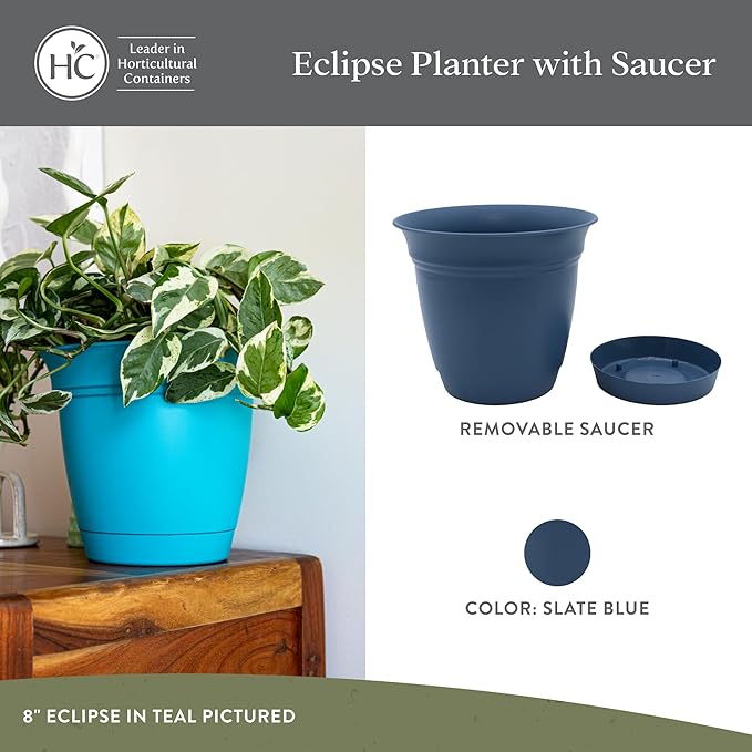 The HC Companies 6 Inch Eclipse Round Planter Pots with Drainage Holes & Attached Saucer, Lightweight UV-Resistant Plastic Indoor & Outdoor Planters, 4-Pack Flower Pots, Garden Home Decor, Slate Blue