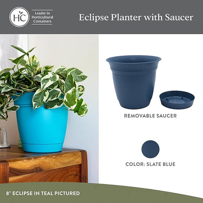 The HC Companies 10 Inch Eclipse Round Planter Pots with Drainage Holes & Attached Saucer, Lightweight UV-Resistant Plastic Indoor & Outdoor Planters, 2-Pack Flower Pots, Garden Home Decor, Slate Blue