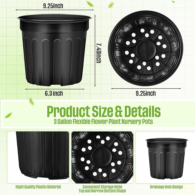 100 Pcs 3 Gallon Plant Nursery Pots Bulk Plastic Planter Flexible Flower Seedlings Pot with Drainage Hole Thickened Seed Starting Container for Flower Succulents Cuttings Transplanting