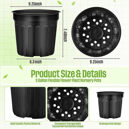 100 Pcs 3 Gallon Plant Nursery Pots Bulk Plastic Planter Flexible Flower Seedlings Pot with Drainage Hole Thickened Seed Starting Container for Flower Succulents Cuttings Transplanting