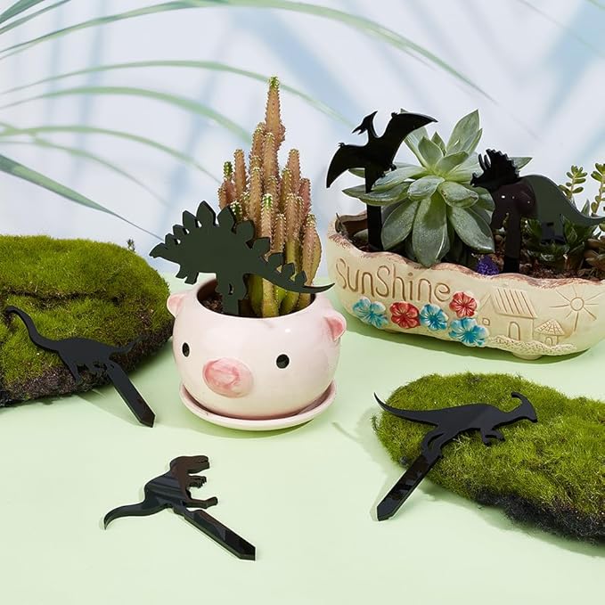 OLYCRAFT 6pcs 6-Style Animals Themed Acrylic Stakes with Paper Coating 3.9~4.3x2.7~4.5 Inch Black Dinosaur Garden Decoration Acrylic Plant Label Signs for Flower Pot Planter House Decors