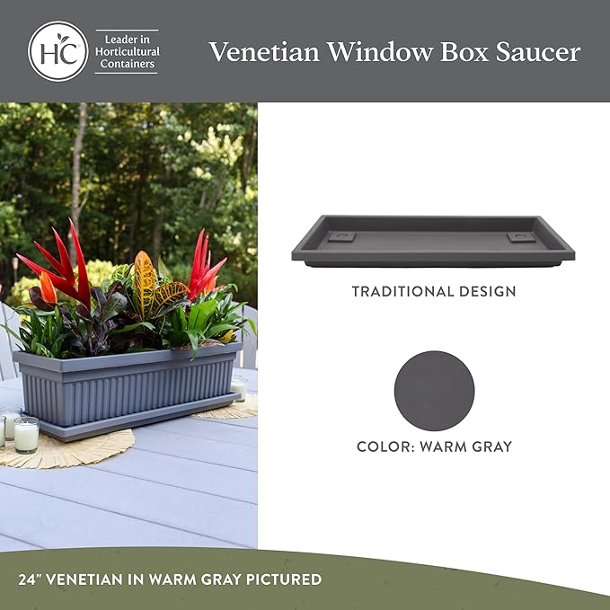 The HC Companies 17.5 Inch Venetian Rectangular Plant Saucer, Lightweight UV-Resistant Plastic Outdoor & Indoor Flower Pot Tray, 2-Pack Plant Pot Trays for Garden & Home Decor, Warm Gray