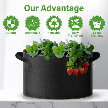 iPower 15-Gallon 10-Pack Grow Bag Thickened Nonwoven Fabric Pots Heavy Duty Aeration Container with Strap Handles for Garden and Planting Vegetable Flowers, Black with Green Stitch Sewing
