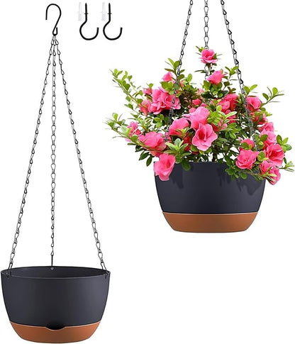 Hanging Planters for Indoor Plants, Set of 2 8/10 Inch Self-Watering Hanging Pots with Drainage Hole & Removable Water-Storage Tray II Screw-in Hooks II