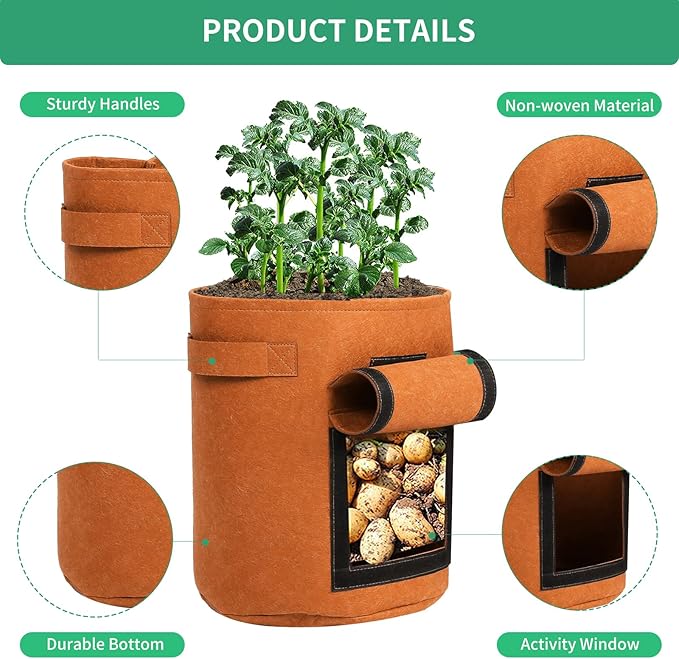 5-Pack 7 Gallon Grow Bags with Harvest Window 300g Thickened Nonwoven Fabric Heavy Duty Plant Pots Easy for Vegetables, Potato, Tomatoes Carrots Gardening Containers with Handles Orange
