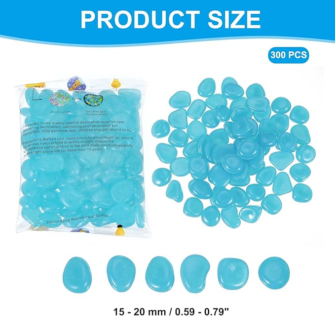 PATIKIL Glowing Stones, 300 Pcs Glow in The Dark Rocks for Indoor Outdoor Fish Tank Decorations Garden Yard Landscaping Gifts for Friends, Light Blue