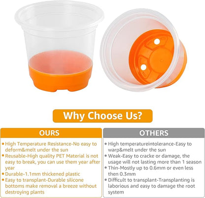 MIXC Thickened Clear Nursery Pots with Silicone Base for Easy Transplant 30 Packs 4 Inch, Transparent Plant Pot Reusable Seedling Pots for Vegetable Propagation, Root Cutting, Seed Starting, Orange