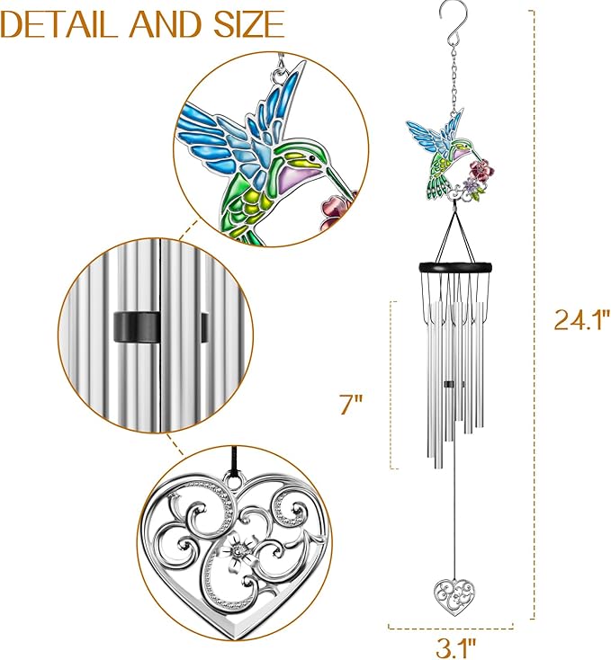 Outdoors Hummingbird Wind Chimes Sympathy Memorial for Loss of Loved One - Soothing Melodic Tones Aluminum Chime Great as a Gift for Your Patio Porch Garden and Backyard (Hummingbird,Heart)