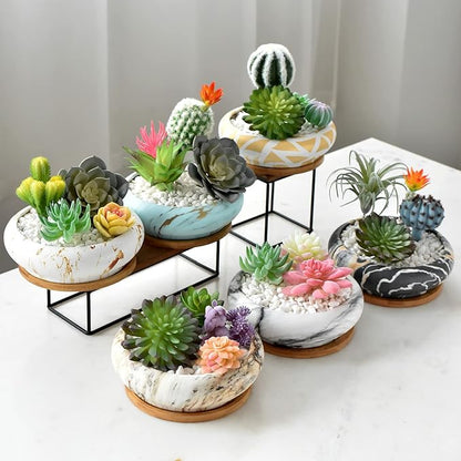 ARTKETTY Succulent Pots - 7.3 Inch Large Bonsai Pots with Drainage Tray, Ceramic Pots for Indoor Plants, Shallow Succulent Planters Marble Cactus Flower Plant Container Bowl