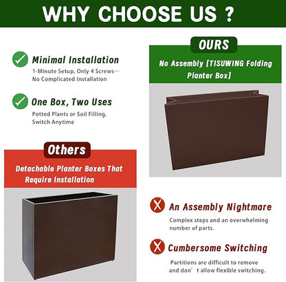 Metal Planter Box, No Installation Galvanized Steel Folding Rectangular Planter with Drainage Holes, 35.5"x 10"x 28" Brown Outdoor Planter for Porch/Patio/Garden