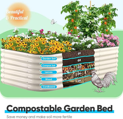 Quictent Galvanized Tall Raised Garden Bed Kit, 8x4x2 ft Oval Large Planting Box, for Vegetables Outdoor Strengthened by Crossbar (Beige)