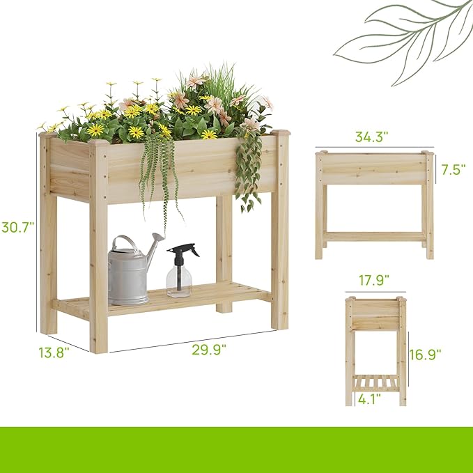 Raised Garden Bed with Legs, Wooden Raised Garden Bed with Storage Shelf, 34x18x30.7in, Elevated Wood Planter Box for Vegetables Flowers Herbs, Garden Planter for Backyard Patio Balcony (Natural, S)
