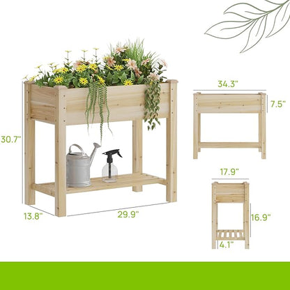 Raised Garden Bed with Legs, Wooden Raised Garden Bed with Storage Shelf, 34x18x30.7in, Elevated Wood Planter Box for Vegetables Flowers Herbs, Garden Planter for Backyard Patio Balcony (Natural, S)