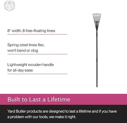Yard Butler World’s Greatest Rake 8” Wide Shrub Rake, ILT-8 Garden Rake for Lawncare - Convenient Garden Cleaning Accessory - Lightweight Wooden Handle - Steel Tines - Easy to Maneuver
