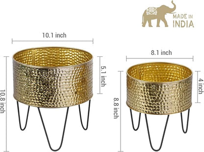 MyGift Modern Brass Tone Metal Planter Pots with Pebbled Texture, Hammered Plant Containers with Matte Black Wire Stands, 2 Piece Set, 8 and 10 Inch - Handcrafted in India